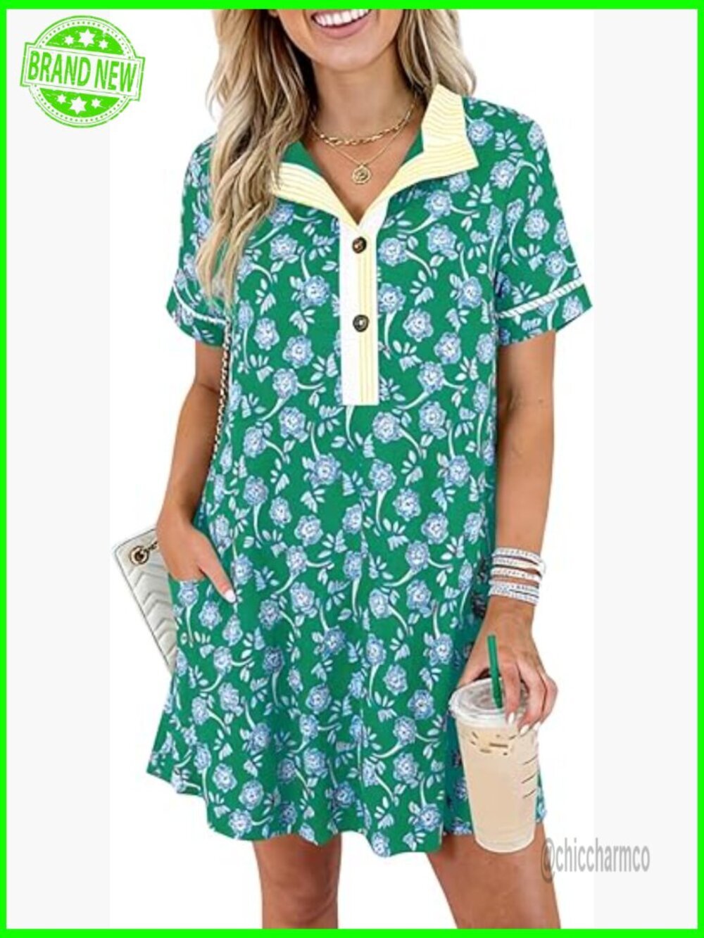 Floral Mini Dress Short Sleeve Collared Button Down Summer Casual Beach